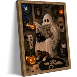 Funny Halloween Bathroom Wall Art, Ghost Black Cat Framed Canvas Print Poster, Cute Spooky Restroom Wall Decor, Vintage Ghost Bathroom Painting Picture for Home Washroom 12x16 Inch