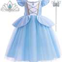 Princess Dresses for Girls Little Kids Blue Princess Costume Cosplay Outfit Birthday Halloween Prom Party Dress Up (3-4 Years)
