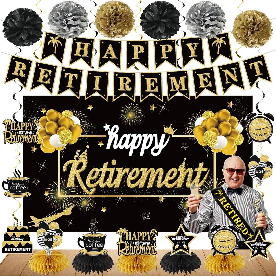 20PCS Happy Retirement Party Decorations Kit for Men Women, Kuxriox Black Gold Retirement Backdrop Balloon Honeycomb Centerpiece Swirl Paper Pompom Party Supplies, Retired Sash Table Topper Swirls Set