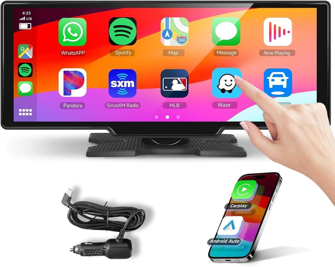 Podofo 10.26inch Wireless Carplay Screen for Car,Wireless Carplay Android Auto,1080P IPS Touch Screen 2 Bluetooth/Hands-Free/GPS/FM/Aux/TF Card/MirrorLink Support Backup Camera
