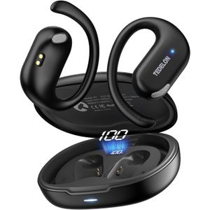 Open Ear Earbuds Bluetooth 5.4: 50H Playtime, 16.2mm Drivers, Open Ear Headphones with Earhooks, IPX6, Digital Display, Touch Control, Clear Calls, Comfort-Fit for Running, Cycling, Workouts (Black)