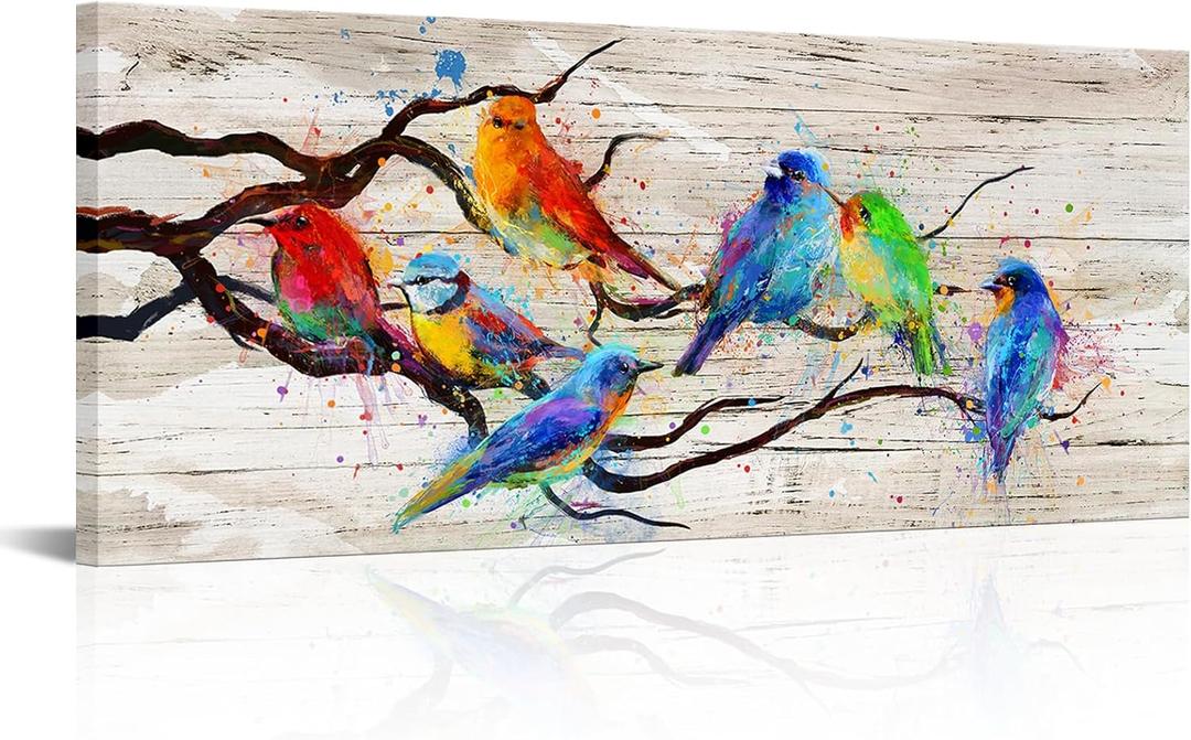 sechars Colorful Birds Canvas Wall Art Birds on Tree Branches Painting Prints Rustic Farmhouse Countryside Living Room Kitchen Decor 20"X48"