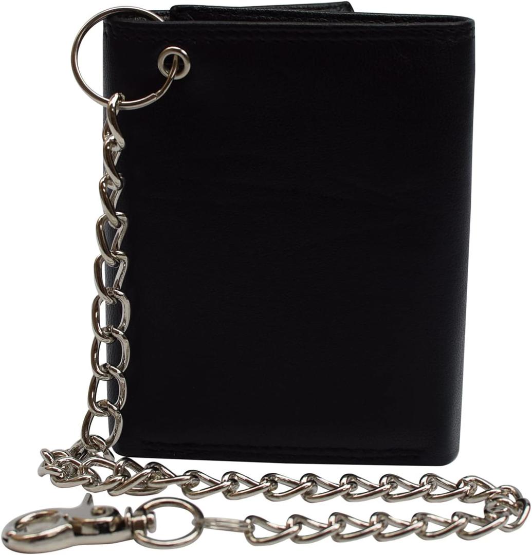 Men's RFID Blocking Premium Leather Chain Trifold Wallet (Black with Chain)