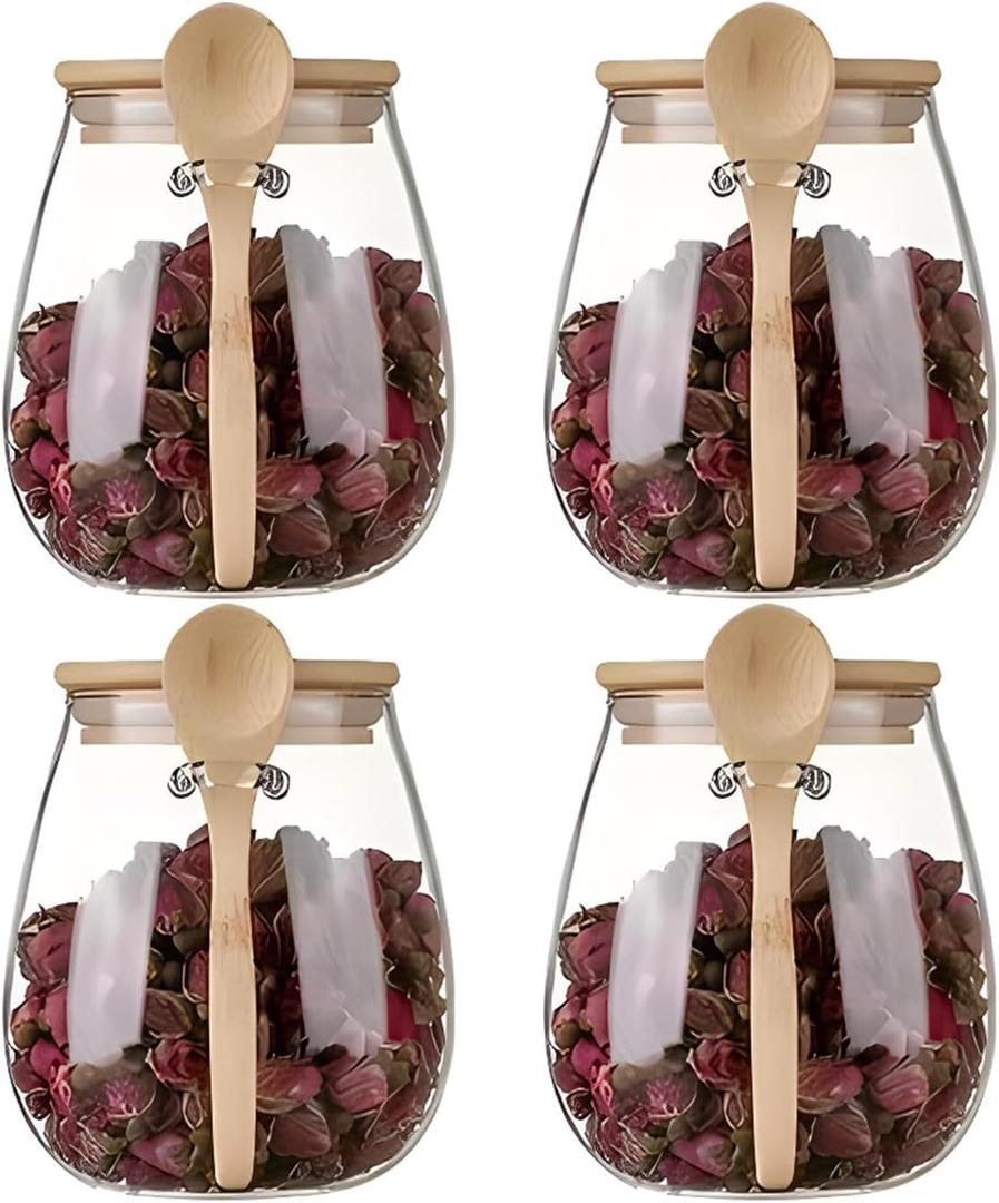 Airtight glass jar storage container with bamboo lid Set of 4, wide mouth, leak-proof, With a spoon, can be used for coffee beans, tea leaves, grains, dried fruits, etc. (Middle*4pcs)
