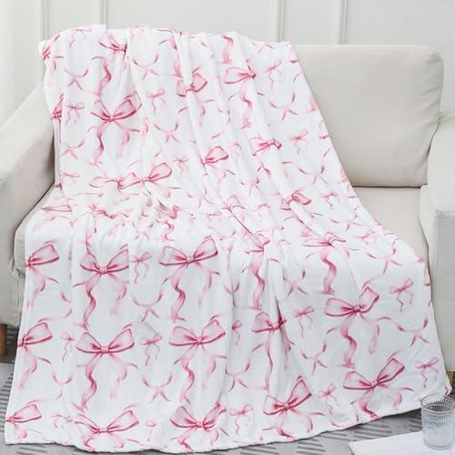 Pink Bow Throw Blanket, Flannel Throw Blanket Cute Preppy Room Decor Aesthetic Soft Lightweight Bow Stuff for Home Bed Sofa Couch Women Friends Gifts, 50 x 60 Inch (Pink)