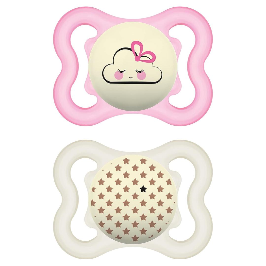 MAM Supreme Night Baby Pacifier, for Sensitive Skin, Patented Nipple, 2 Pack, 0-6 Months, Girl (Pink)