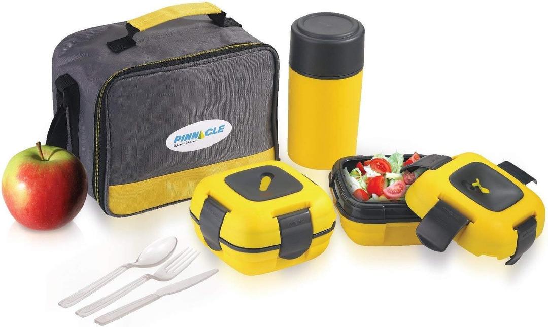 Pinnacle Thermoware Lunch Box Bag Set for Adults and Kids, Yellow, Stainless Steel and Plastic, Matching Cutlery Included