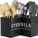 ZUJJAFY Utensil Holder for Kitchen Counter, Corner Kitchen Utensil Holder for Countertop with 3 Compartments, Wooden Cooking Utensil Organizer for Spatula Storage, Black