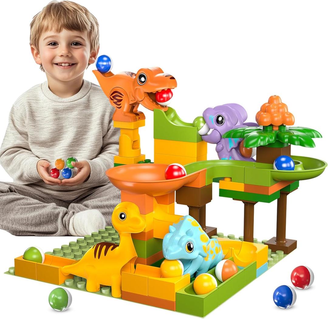 Marble Runs for Kids 4-8, Dinosaur Toys, Interactive Learning STEM Building Toys with 4 Race Track, Compatible with All Major Brands for Toddler Kids Ages 3 4 5 6 7 8+ Boys Girls Gifts (Green)