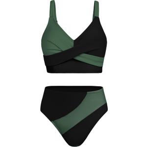 Girls Swimsuits Bikini Set Color Block Criss Cross V Neck Teen Girl Swimsuit Two Piece Cut Bathing Suit (11-12 Years, Black+green)