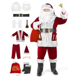 LETIME Santa Claus Costume for Men Adults 11 Pieces Professional Santa Suit for Xmas Deluxe Outfit Cosplay Party Holiday (Large, Red)