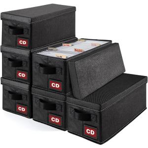 CD Storage Boxes, 6P CD Storage Cases with Lid,Collapsible CD Organizer Holds 204 CD Cases (34 Each), Also Perfect Fabric Boxes for Toys, Socks, Cards