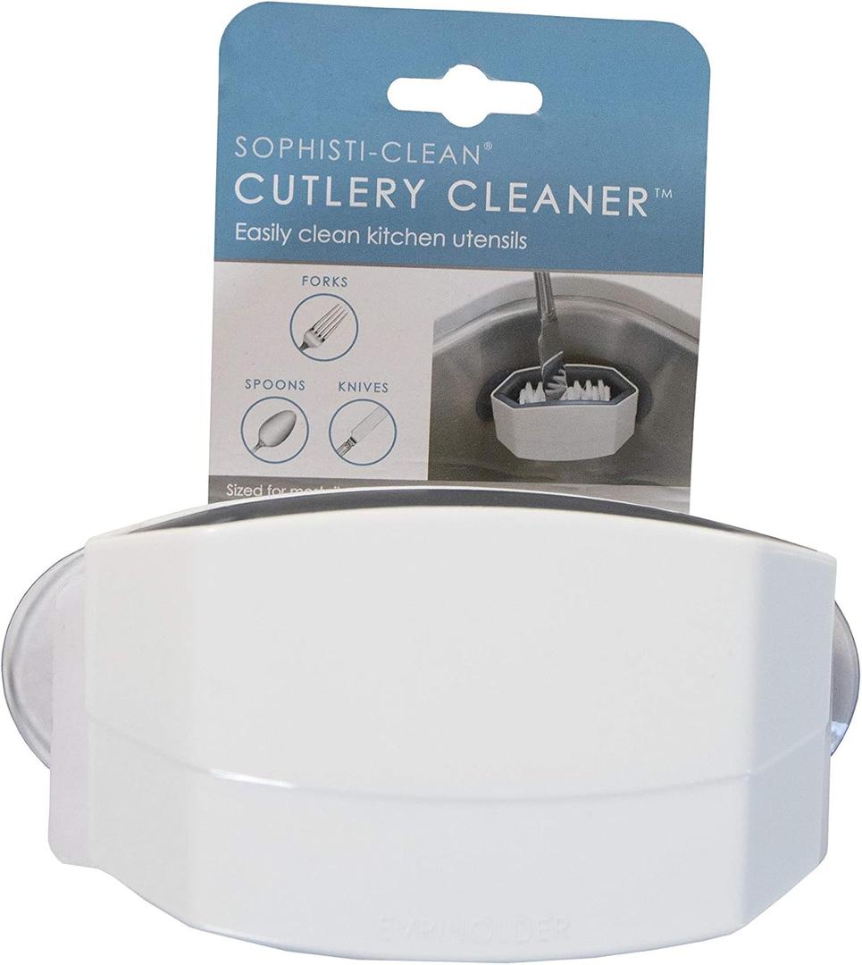Cutlery Cleaner Brush, Suctioned in-Sink Silverware Scrubber, Non-Scratch Bristles, Easily Clean Utensils and Sharp Knives, Convenient Kitchen Gadget, White (1 Pack)