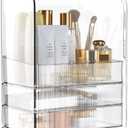 GearFusion 3 Tier Clear Cosmetic Organizer, Makeup Display Case with Lid & Drawers, Countertop Dresser Vanity Storage Box, Beauty Holder for Skincare Lipstick Brush