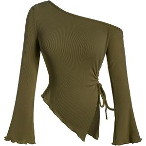 Milumia Women's Ribbed Knit One Off The Shoulder Asymmetrical Long Bell Sleeve Tops Y2K Going Out Tee Shirt Tops (Green) small