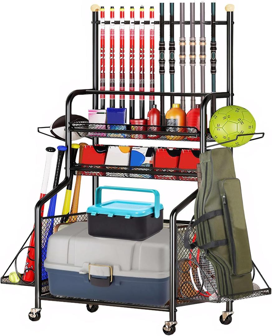 Fishing Storage Organizer Fishing Pole Holders for Garage Fishing Tackle Storage 3 Layer Fishing Rack Carts with Fishing Rod Holder Fishing Gear Storage (Dark Black)