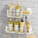 TAILI Shower Caddy Suction Cup 2 Pack with Hooks & Soap Holder, Heavy Duty Shower Organizer for Bathroom, No Drilling Bathroom Organizer with Large Capacity, Metal Storage Basket-White