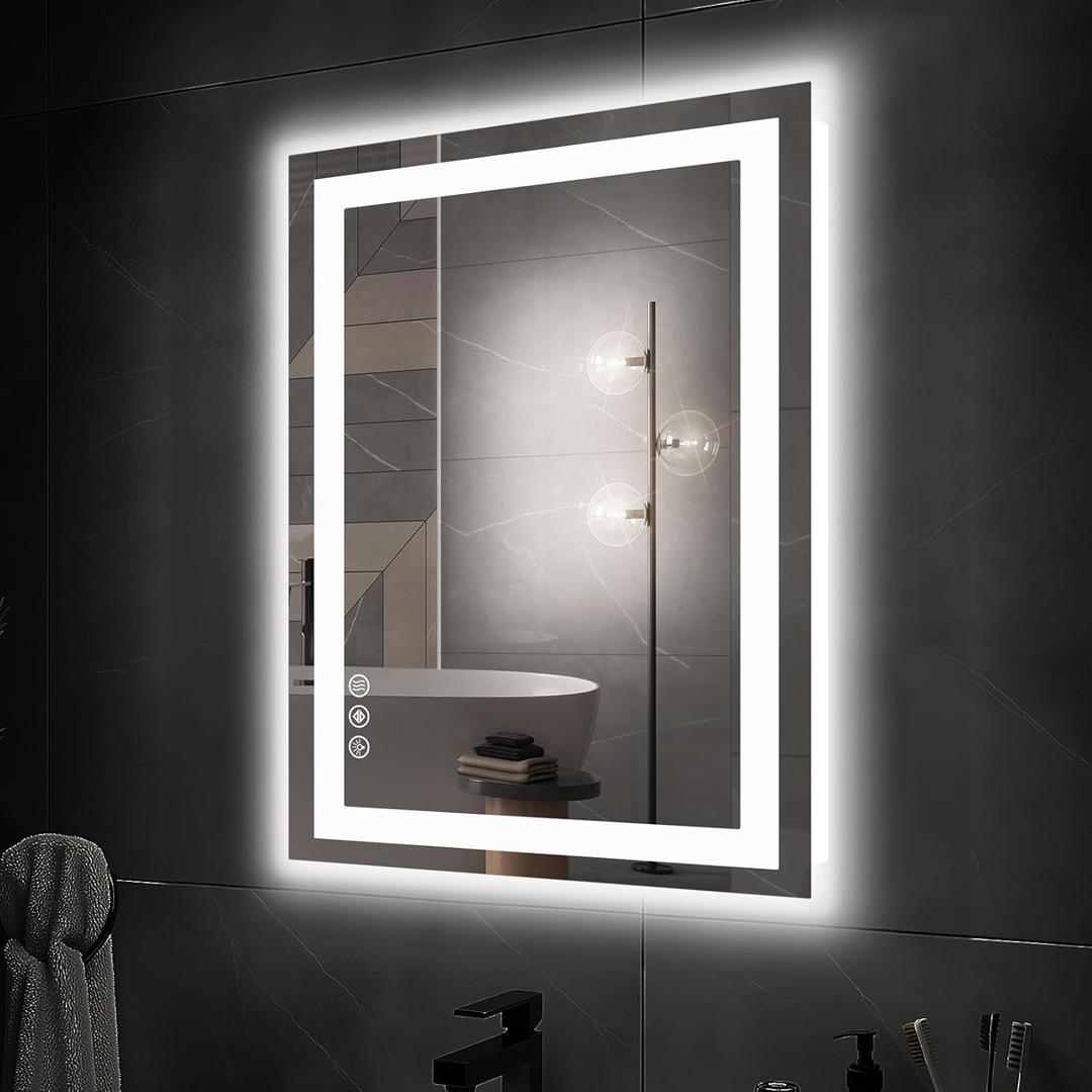 DUMOS 28"x 20" LED Bathroom Mirror with Lights, Dimmable Anti-Fog Front Lit Backlit Lighted Wall Mounted Rectangle for Vanity Makeup Memory Function Tempered Glass Shatter-Proof Horizontal&Vertically