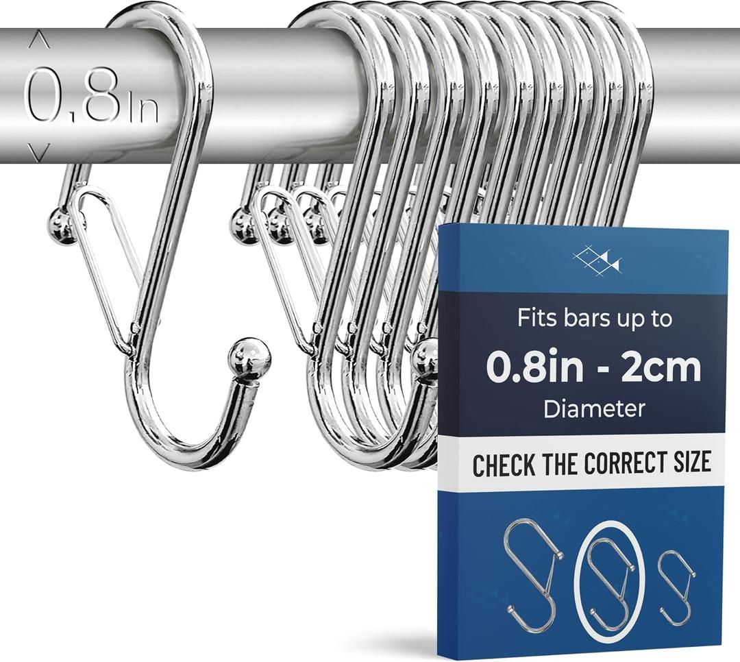10-Pack Metal S Hooks for Hanging  Heavy-Duty S-Shaped Hook with Safety Buckle  Fits Bars up to 0.8 In  Anti-Drop S-Hooks for Kitchen, Bathroom, Closet & Pot Racks  Silver (Medium)