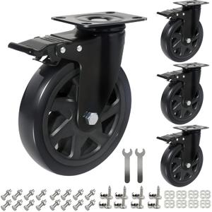 6 Inch Caster Wheels 3000lbs,Heavy Duty Casters Set of 4 with Brake, No Noise Polyurethane Swivel Caster Wheels for Cart,Furniture,Workbench,(Free Screws & Spanners)
