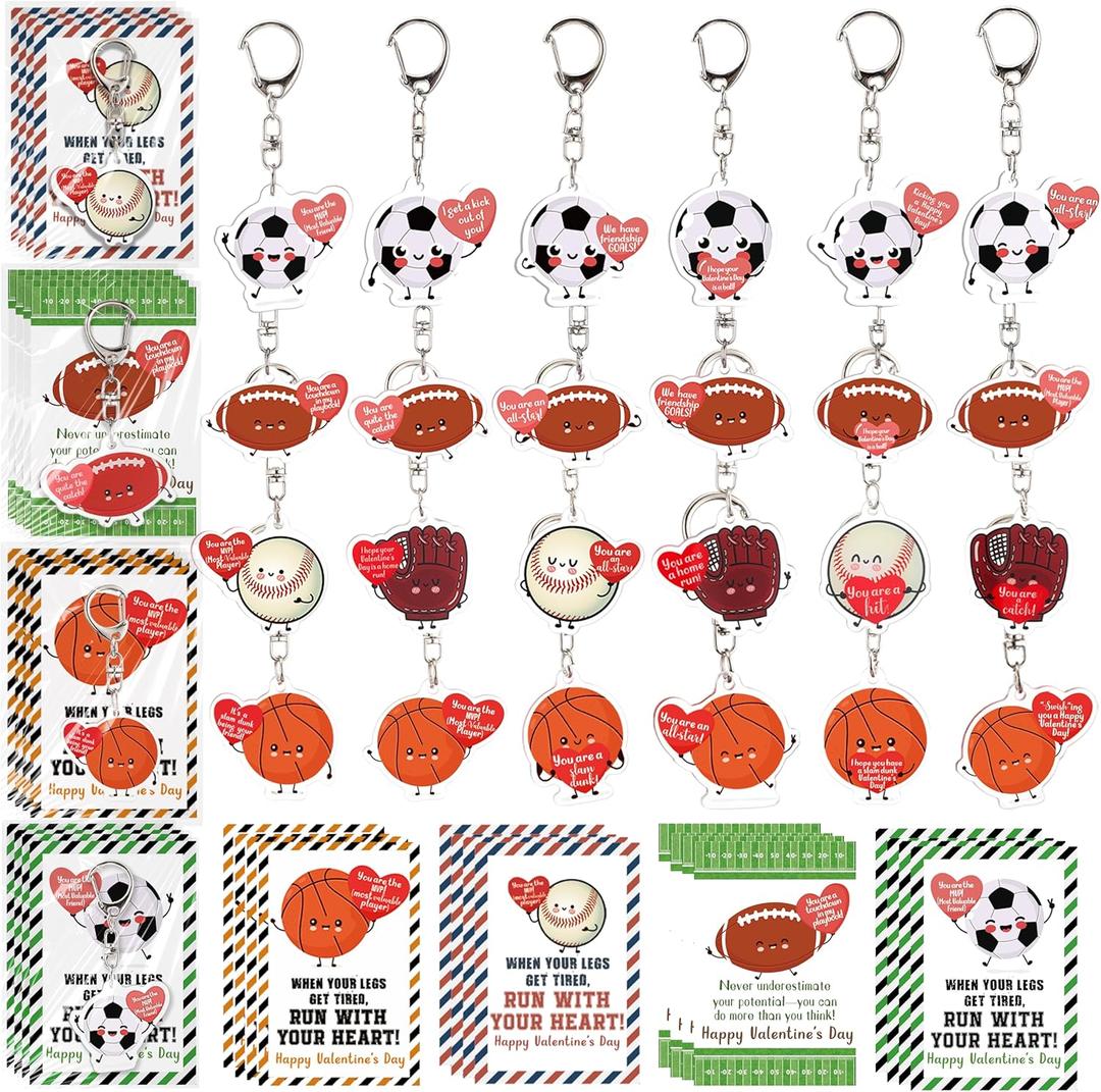 24 Sets Sport Valentines Gifts Bulk Basketball Soccer Baseball Volleyball Football Valentines Exchange Cards and Keychains (Mixed Ball)