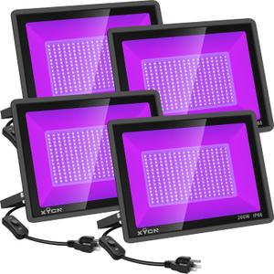 4 Pack 200W LED Flood Black Lights,395nm to 405nm UV Outdoor Flood High Power Blacklight Light with Plug in, IP66 Waterproof Large Black Light Spotlight for Glow Party Large Space, Halloween