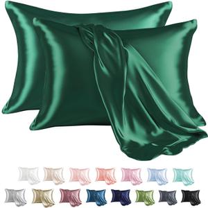 MR&HM Satin Pillowcase for Hair and Skin, Silk Satin Pillowcase 2 Pack, Queen Size Pillow Cases Set of 2, Silky Pillow Cover with Envelope Closure (20x30, Dark Green)