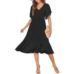 AUSELILY Women's Summer Empire Waist Dress Smocked Flutter Short Sleeve V Neck Midi Dresses 2026 New (Black, S)