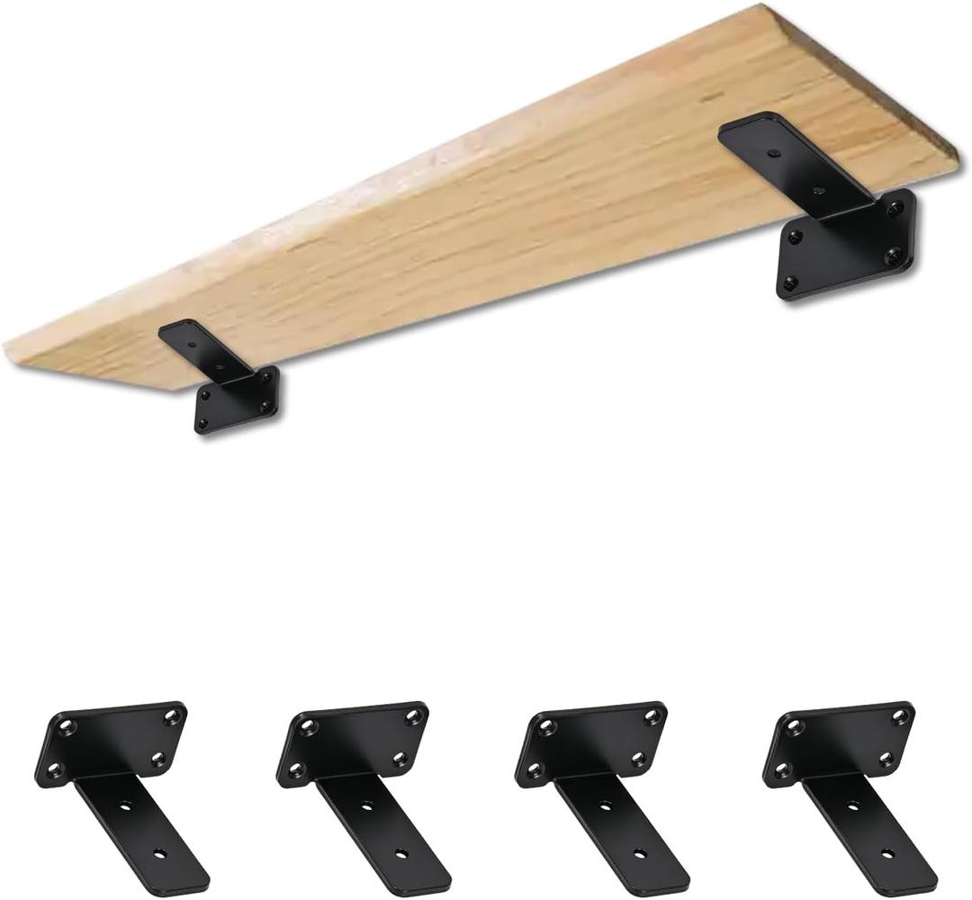 4 Inch Heavy Duty Shelf Brackets (4-Pack), Black Steel Floating Shelf Supports, Easy Installation Metal L Brackets for Wall Shelves, DIY Home & Office Organization (Black)