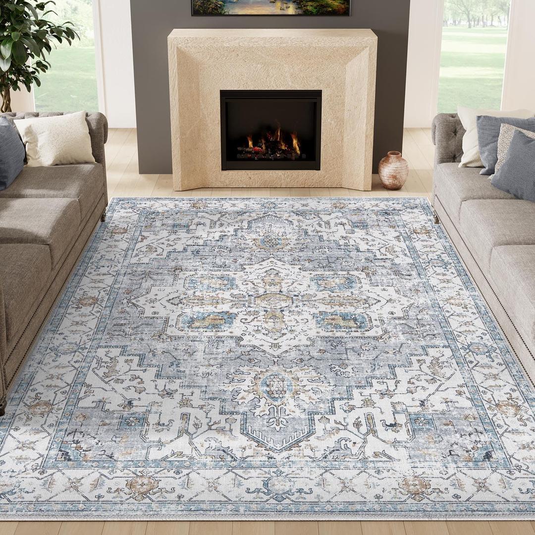 jinchan 9x12 Area Rugs for Living Room - Machine Washable Tribal Vintage Floral Stain Resistant Ultra-Thin Low-Pile Non-Slip Distressed Carpet for Bedroom Dining Room Kitchen (9x12ft,Grey/Blue)
