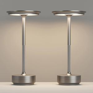 Rechargeable 2 Pack Cordless Table Lamps, 5000mAh Portable LED Table Light, 3 Color Stepless Dimming Battery Powered Metal Table Lamp for Outdoor Patio/Bedroom/Camping.(Silver)