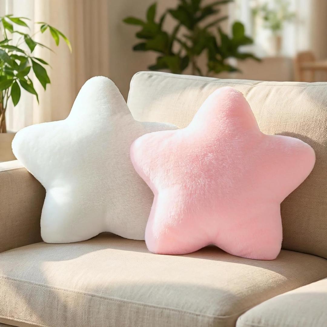 2PCS Star Pillow Set, 15.35'' Cute Pink White Decorative Star Shaped Throw Pillows for Bed Couch, Aesthetic Soft Faux Plush Pillow Cushion for Room Bedroom Decor Sofa Chair (Pink & White)