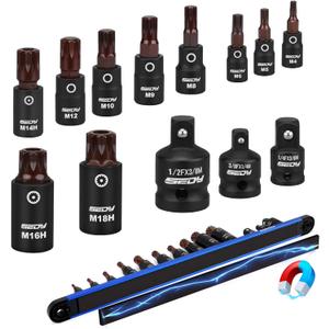 Triple-Square Spline Bit Socket Set: 13-Piece Socket Set with Magnetic Socket Rail Organizer, 1/4,3/8,1/2-inch Drive M4-M18 12 Point Bit Socket Set for Garages Workshops