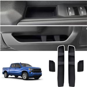 Car Door Side Storage Box for 2022-2025 2026 Chevrolet/Chevy Silverado GMC Sierra 1500 Accessories, Front Door Insert Tray Organizer Handle Slot Phone Pocket Replacement Protector 4PCS