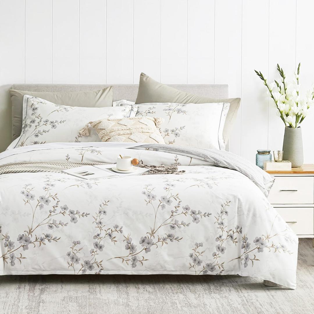Vintage Botanical White Cotton Comforter King Size - Elegant Gray Flowers and Taupe Branches on White, Light Gray Striped Back, 3PC Lightweight Bedding Set with Ultra-Soft Alternative Fill (King(104"90"), Botanical & Striped - White & Gray)