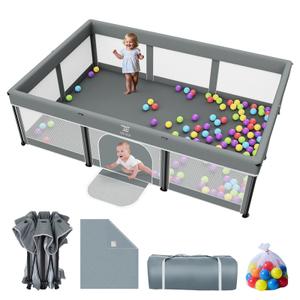 74x50 Foldable Baby Playpen with Mat - Portable Outdoor Play Yard, Grey