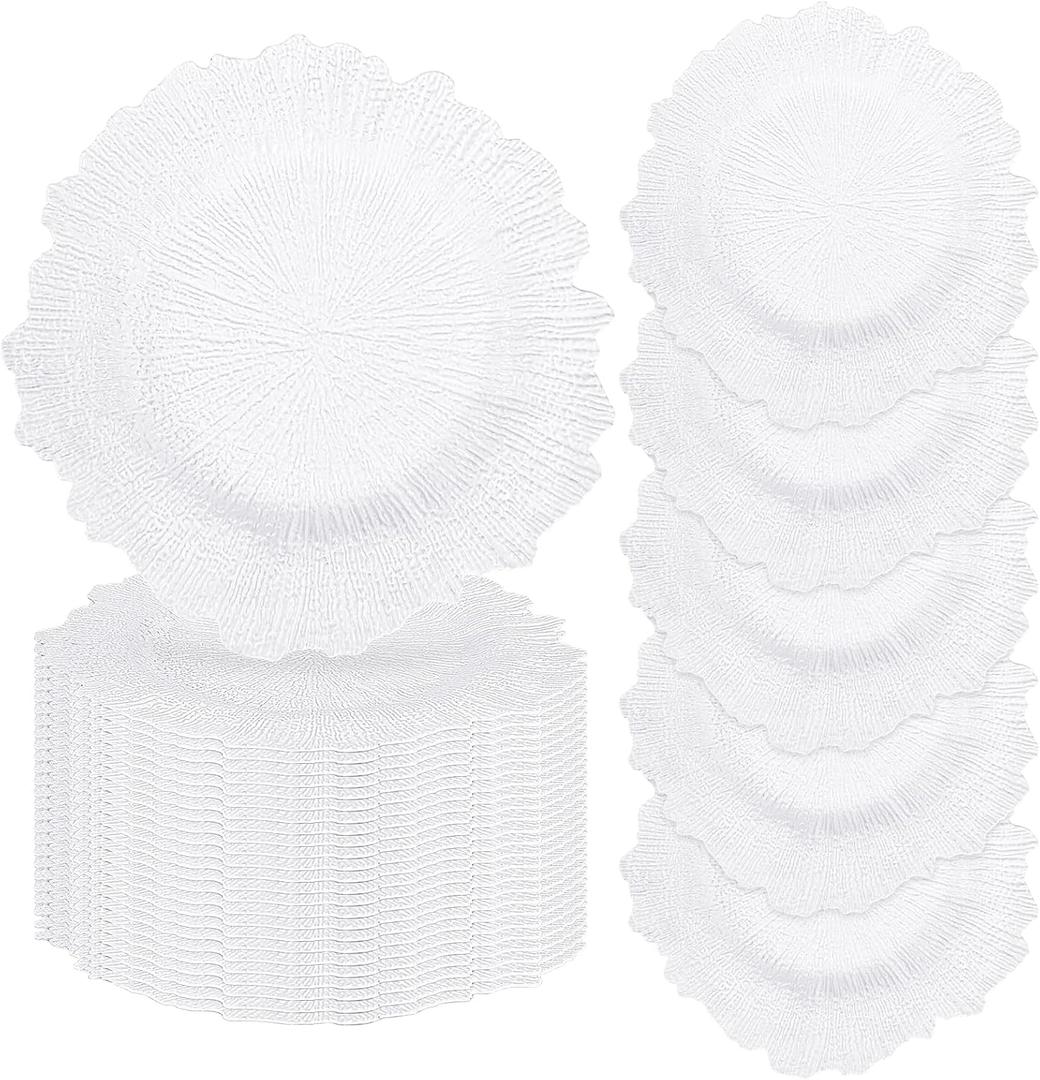 fani 50 Pcs White Charger Plates Bulk, 13 Inch Reef Wedding Chargers for Dinner Plate, Round Plastic Reusable Ruffled Rim Decorative for Table Setting, Parties, Wedding, Events