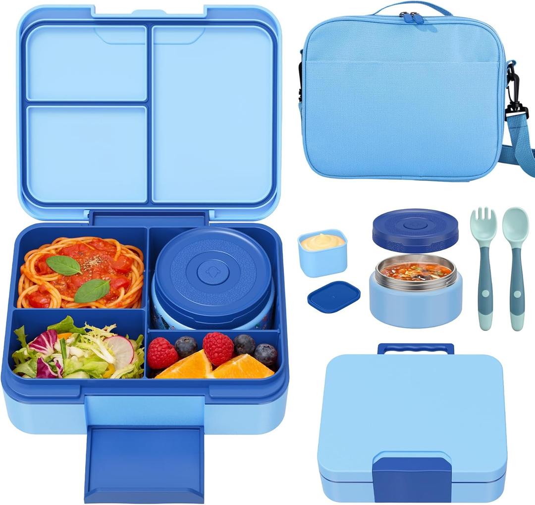 Kids Bento Lunch Box Set with 9.5oz Soup Thermo, Leak-Proof Lunch Food Containers with 3 Compartment and Removable Inner Tray, Insulated Hot Food Jar with Lunch Bag for School, Office, Blue