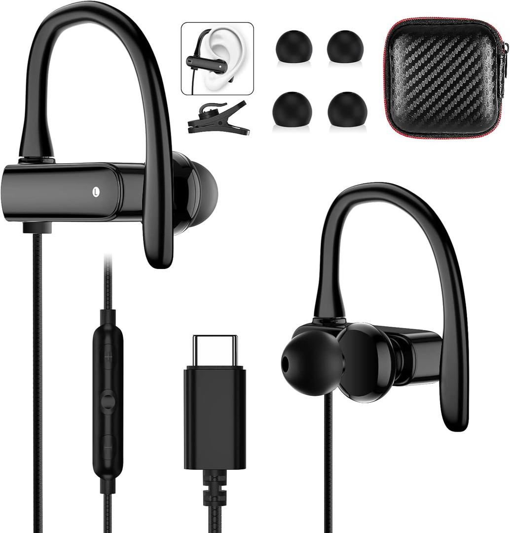 USB C Headphones Wired Earbuds for Apple/Android Anti Drop Over Ear Earhook Gym Sport Running Type C Earphones for iPhone 17 17e Air 16 15 16e for Samsung/Galaxy S26 S25 S24 for Google/Pixel 10 Black