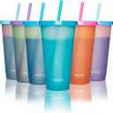 Meoky 12Pack Plastic Cups with Lids and Straws 24oz Reusable Color Changing Cups for Adult Kids Cold Coffee Drinking Tumblers Summer Party Cups