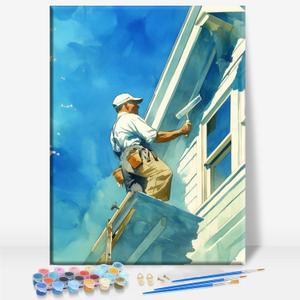 Aeontinity Painter Worker Mans House Painter Occupation Framed Canvas DIY Paint by Numbers Kit Bar Cafe Cave Home Room Wall Bathroom Porch Patio Decor Gift, 16 x 12 Inch