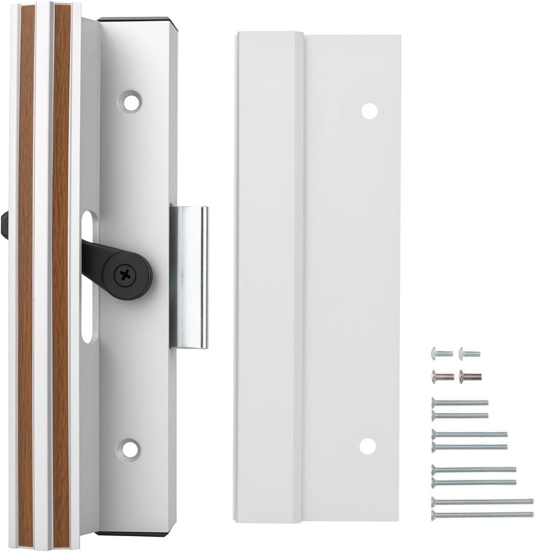 Baomain Surface Mount Sliding Patio Door Handle Set, 4-15/16" Hole Spacing C-to-C, Clamp Style Aluminum Replacement for Sliding Glass Doors, White with Woodgrain Finish
