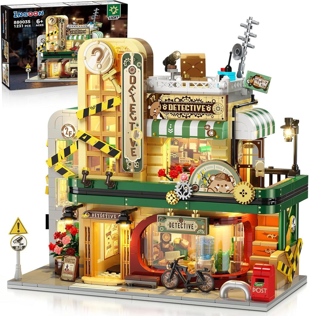 Detective Agency Building Set with LED Light, 1231PCS Detective House Building Block Toy Home Decor with Clues, Miniature House Construction Model Gift for Adults Teens Kids Boys Girls 8-12+