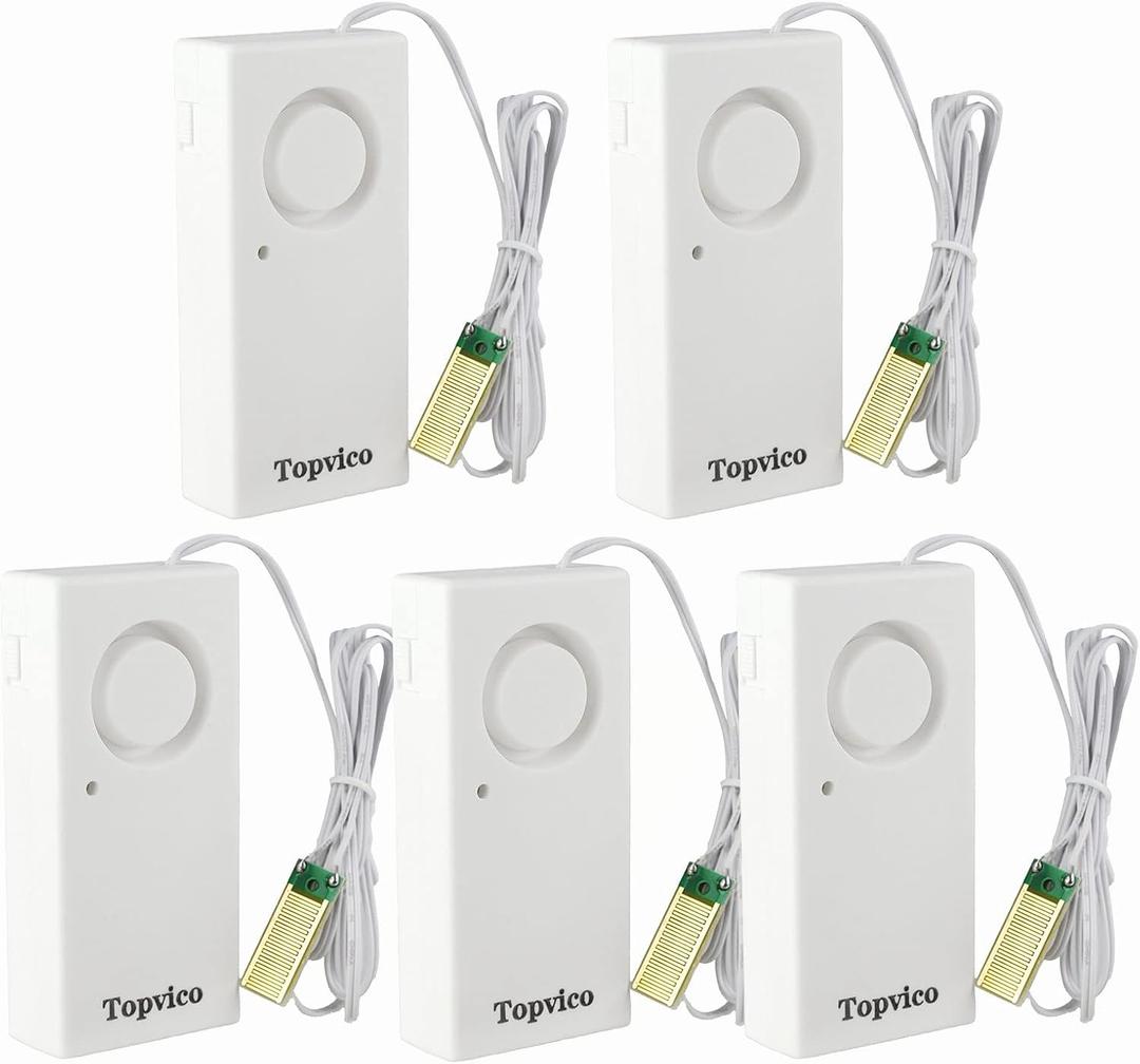 Topvico Water Leak Detector, 120dB Loud Siren, Powered by 9V Battery (not Include), Sensor Alarm for RV Kitchen Basement Water Heater, 5 Pack