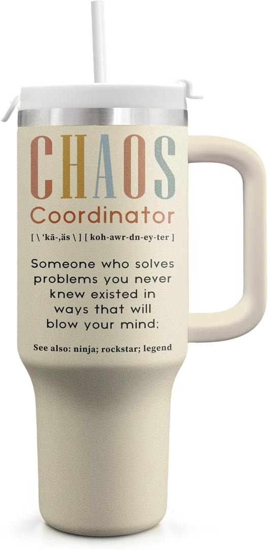 2 x Gifts For Women - Chaos Coordinator Birthday Christmas Mother Day Gift for Mom Sister Best Friend Boss Coworker Manager Teacher Assistant - Funny Gift 40oz Tumbler With Handle & Straw Lid (Cream)