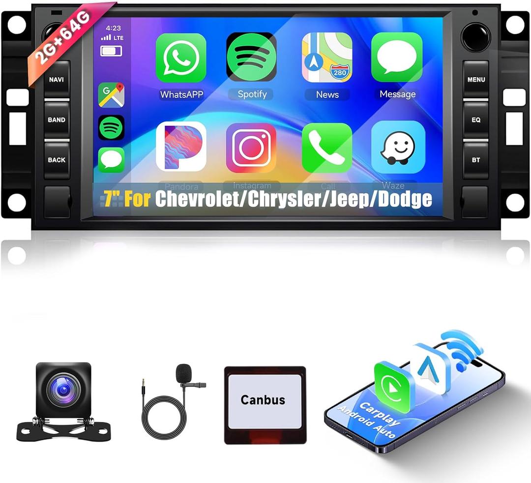 2+64G for Jeep Wrangler Chevrolet Chrysler JK Compass 300C RAM 1500 Dodge Journey Android13 Car Stereo WiFi Wireless Carplay Android Auto,7 Touch Screen GPS/Mirror Link/Bluetooth+ Backup Camera