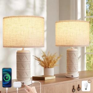 Touch Table Lamp Set of 2 for Home and Modern Farmhouse Decor - Ceramic Boho Bedside Lamps with USB Port - White Nightstand Light for Bedroom, Living Room, Side Tables and Small Night Stand