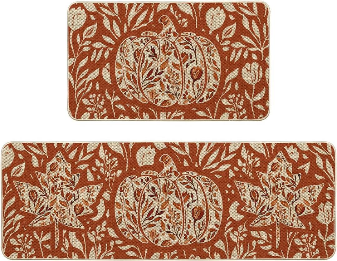 Artoid Mode Orange Flower Pumpkin Fall Kitchen Mats Set of 2, Autumn Home Decor Low-Profile Kitchen Rugs for Floor - 17x29 and 17x47 Inch