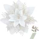 GREENTIME 12 Pcs Glitter Poinsettia 5.5" Artificial Flowers Christmas with Clips Stems Xmas Tree Ornaments for New Year Party Stairs Fireplace Porch Balcony Garden Church Wreath Decoration (White)