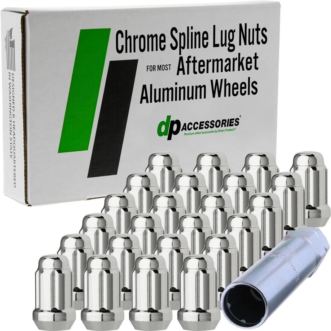 DPAccessories Chrome 7/16-20 Lug Nuts for Aftermarket Wheels - Closed End Spline Tuner - 34mm (1.35") Tall - Set of 24 - LCS3A1HC2CH04024 (24 Lug Nuts & 1 Tool for Aftermarket Wheels)
